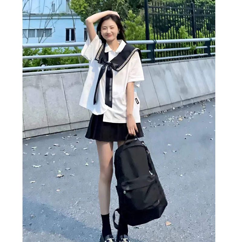 Summer college style uniform jk white short-sleeved shirt female top loose shirt Japanese black pleated skirt suit