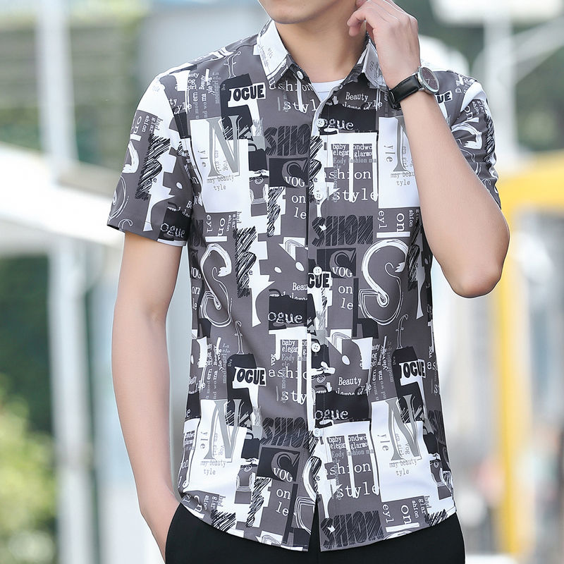 冰丝花色衬衫男士短袖夏季韩版修身薄款衬衣商务潮流休闲正装寸衫