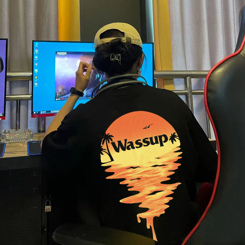 Wassup短袖潮牌夏季新款國潮落日短袖T恤男女情侶寬鬆ins半袖上衣