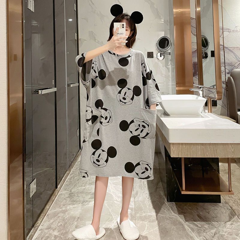 Summer new long over-the-knee nightdress short-sleeved large size cartoon fat MM pajamas female loose home service 200 catties 300