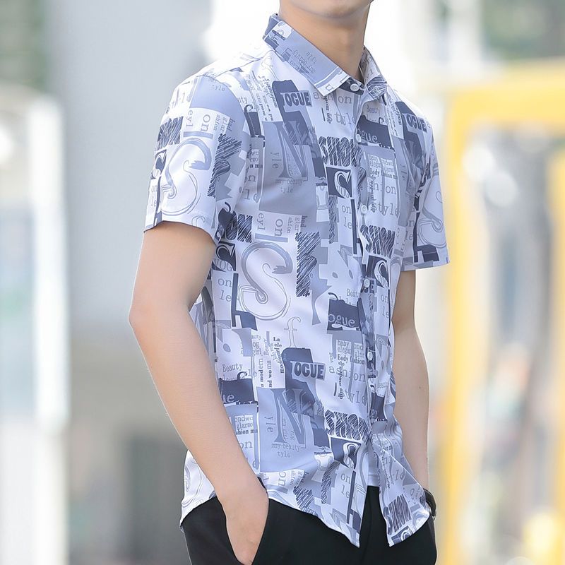冰丝花色衬衫男士短袖夏季韩版修身薄款衬衣商务潮流休闲正装寸衫