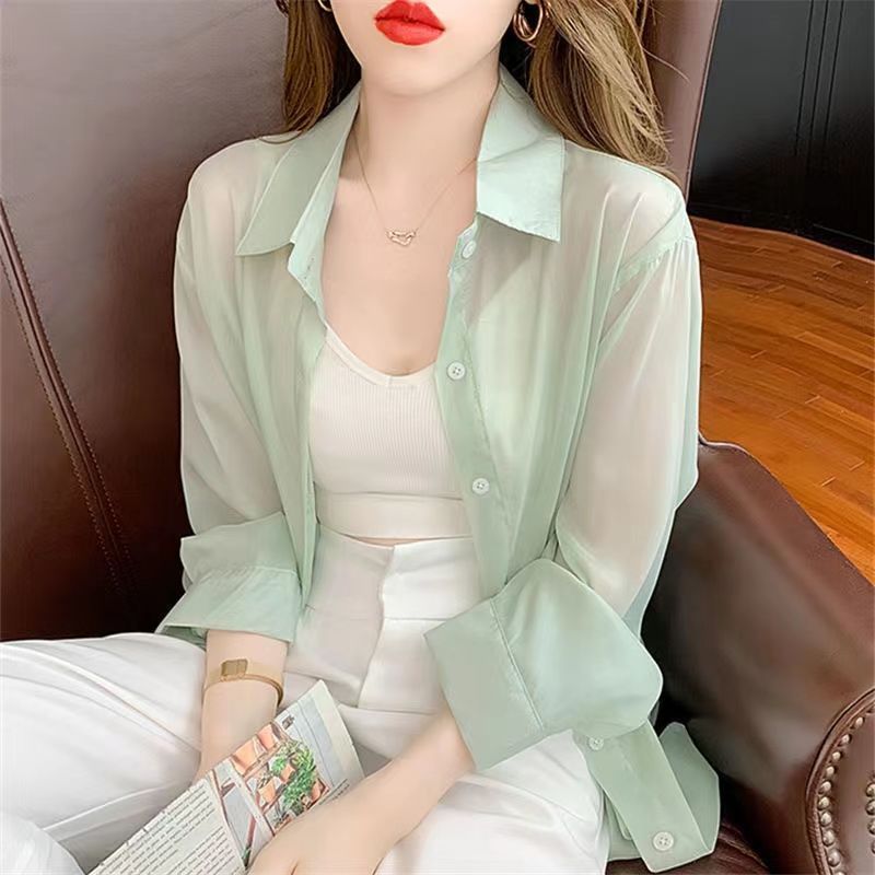 Plus size women's summer chiffon shirt  summer new trend thin section top temperament all-match sunscreen shirt