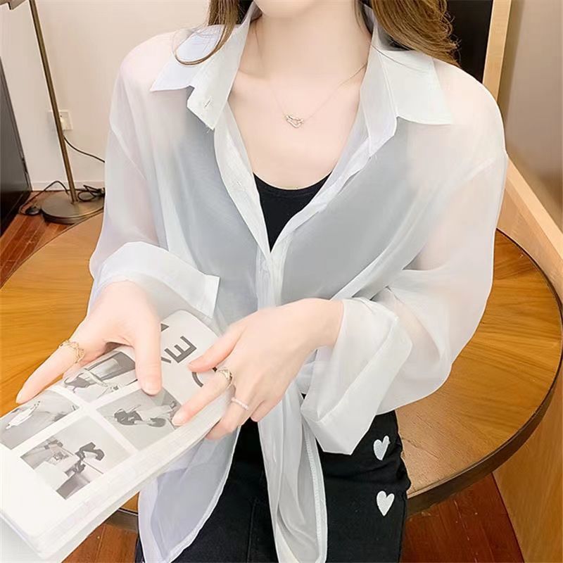 Plus size women's summer chiffon shirt  summer new trend thin section top temperament all-match sunscreen shirt