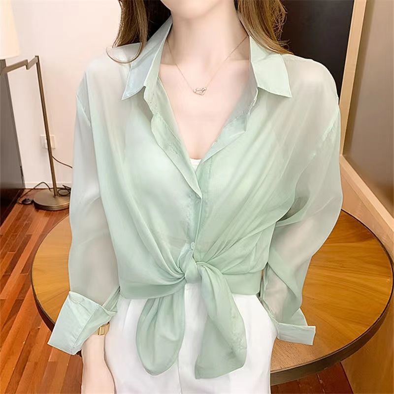 Plus size women's summer chiffon shirt  summer new trend thin section top temperament all-match sunscreen shirt