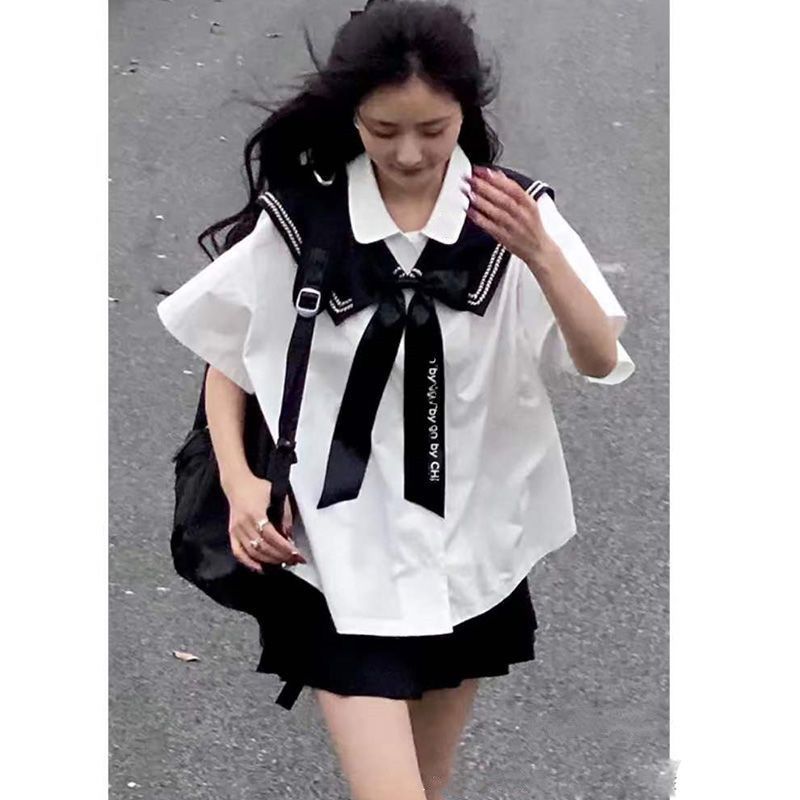 Summer college style uniform jk white short-sleeved shirt female top loose shirt Japanese black pleated skirt suit