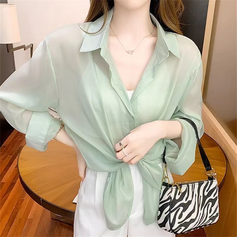 Plus size women's summer chiffon shirt  summer new trend thin section top temperament all-match sunscreen shirt