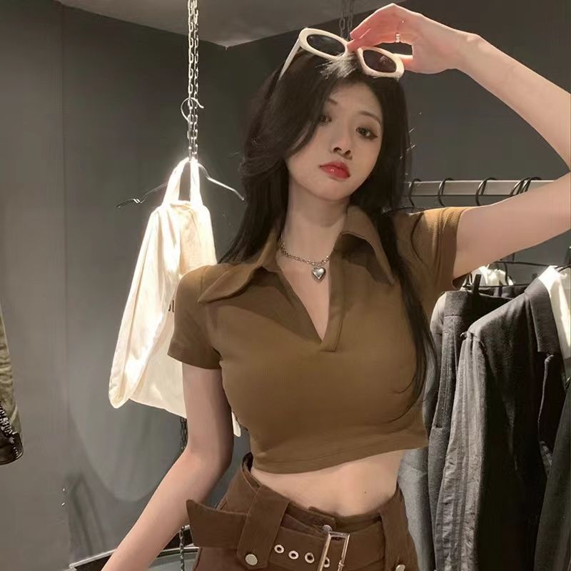 Retro brown T-shirt women's summer new Polo collar short high waist navel short-sleeved European and American pure desire wind top tide