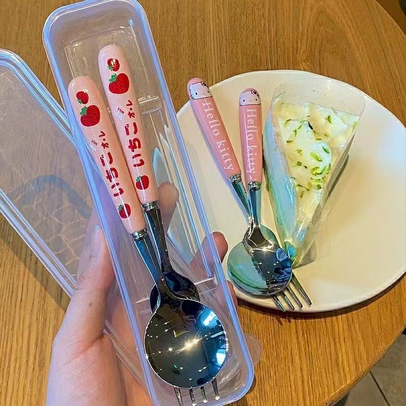 筷子勺子套装不锈钢叉子便携餐具三件套学生少女粉ins高颜值卡通