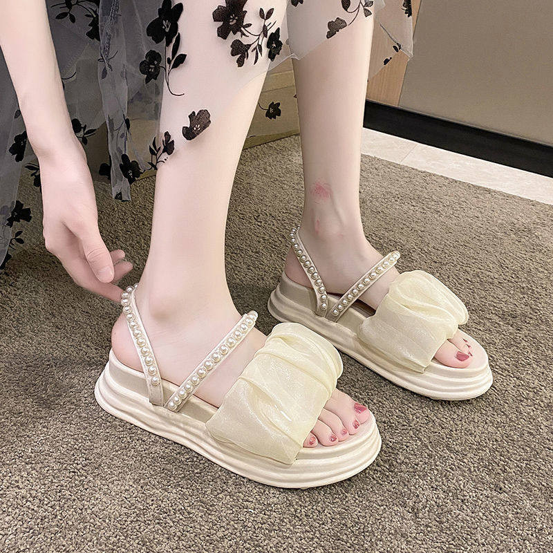 网红珍珠拖鞋女夏外穿时尚新款松糕厚底防滑一字两穿沙滩凉鞋
