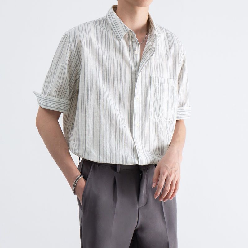 条纹衬衫男五分袖韩版潮流设计感小众轻熟风夏季套装薄款中袖衬衣