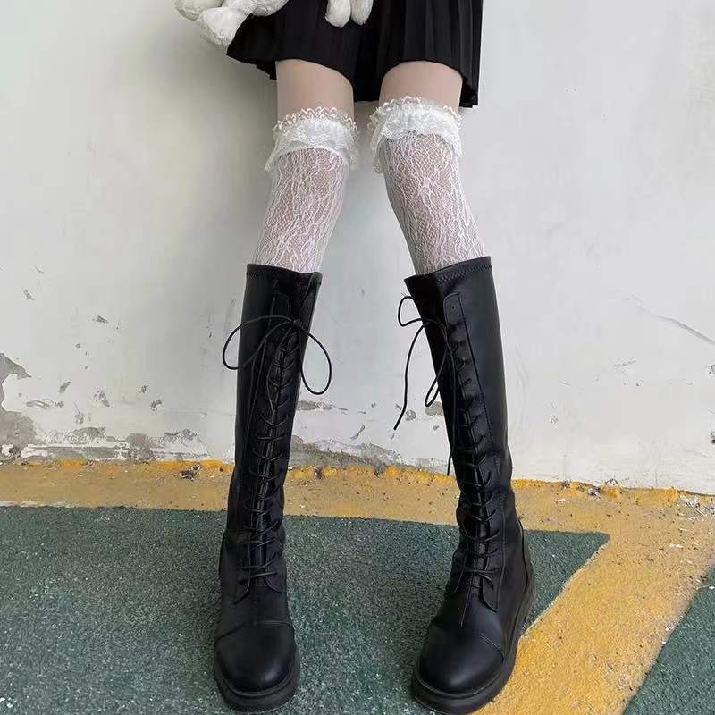 Calf socks women's lace lace white over-the-knee Lolita mid-tube stockings thin section half-cut high tube summer jk black