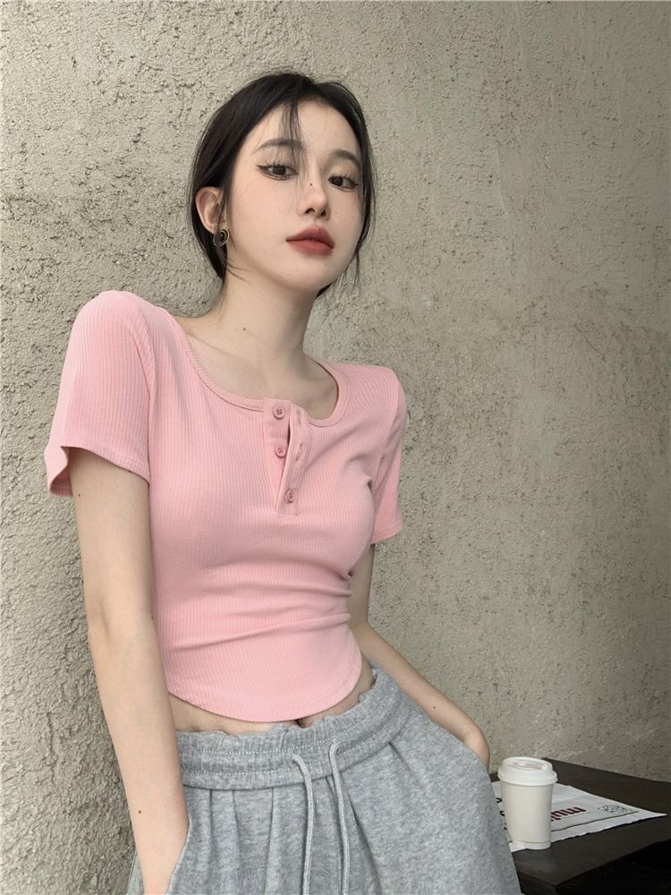 Pure desire style short curved T-shirt women's summer new pink round neck revealing waist thin short-sleeved all-match inner top