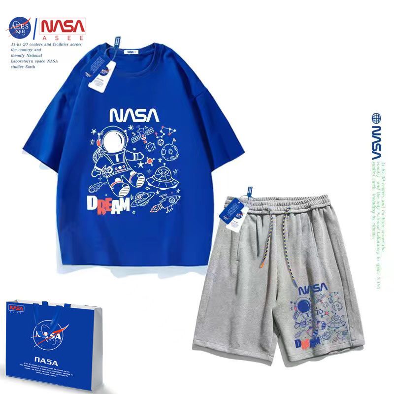NASA联名小熊男童短袖套装夏装新款洋气中大童t恤儿童两件套