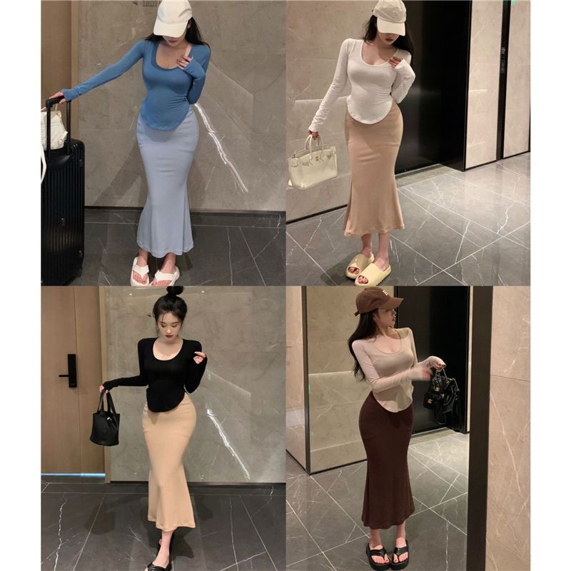 Korean version of pure desire hot girl u-neck long-sleeved T-shirt women's summer short arc hem slim fit bottoming small shirt top