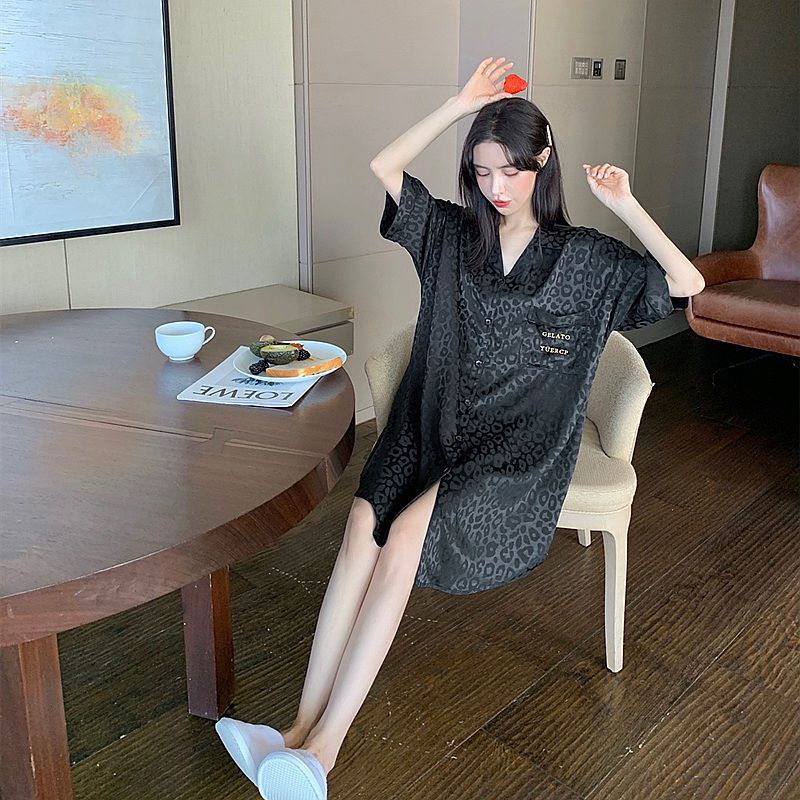 Ice silk nightdress women's summer high-end loose luxury mid-length ice silk summer thin pajamas real silk home service