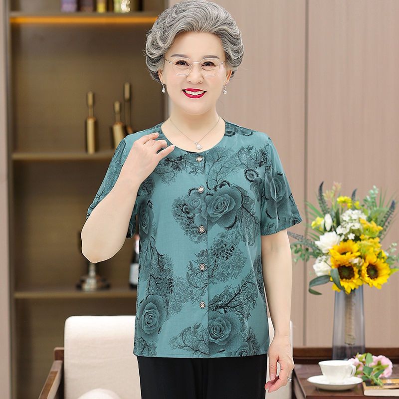 Elderly women's summer suit grandma's cotton silk short-sleeved cardigan two-piece set old lady loose pajamas home service