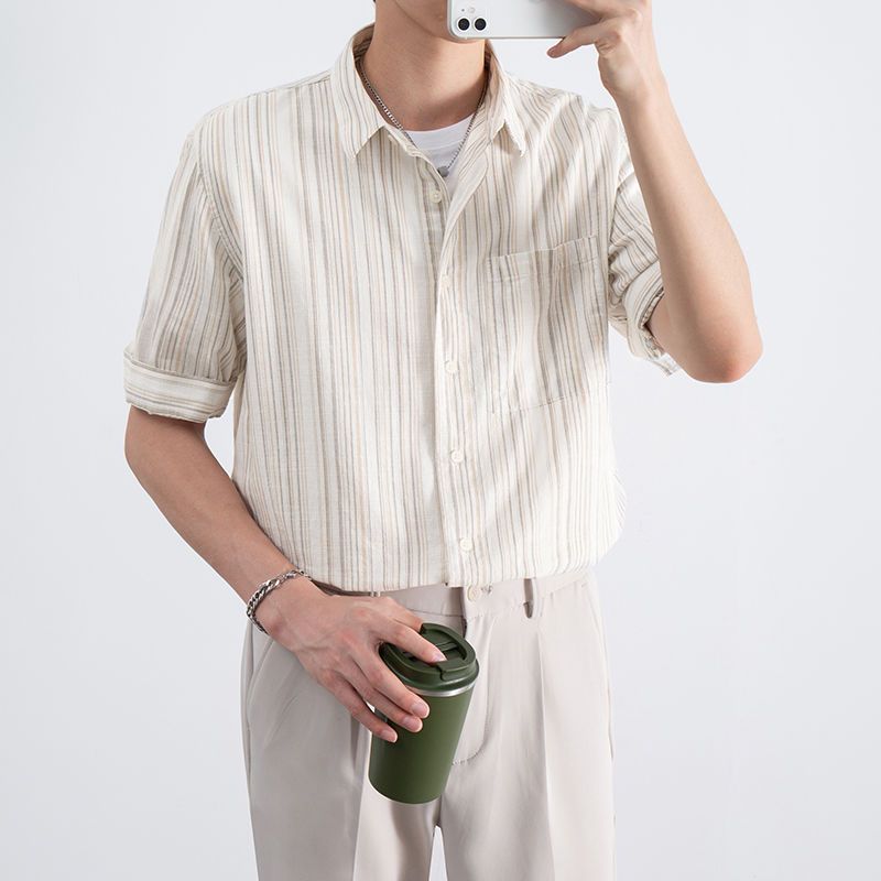 条纹衬衫男五分袖韩版潮流设计感小众轻熟风夏季套装薄款中袖衬衣