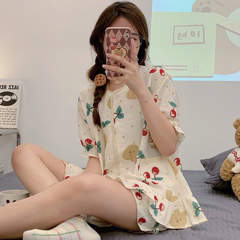 Summer ins style high-value nightwear girl sweet and lovely cherry bear can wear a suit for home