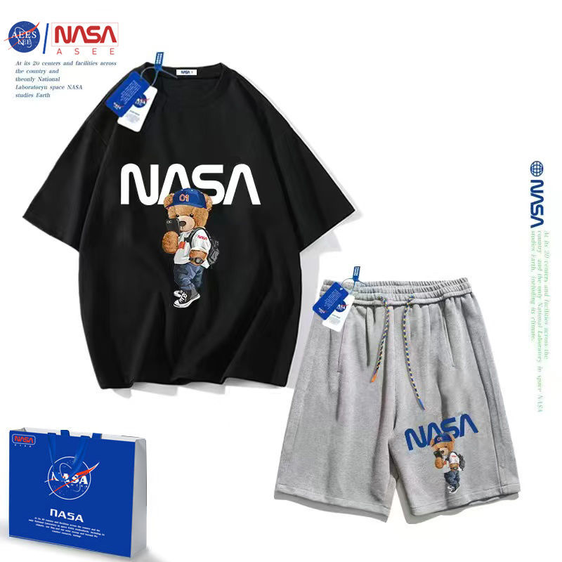 NASA联名小熊男童短袖套装夏装新款洋气中大童t恤儿童两件套