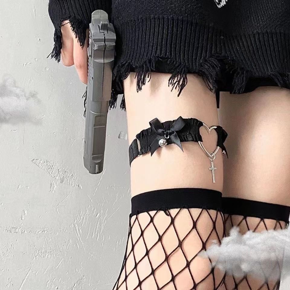 黑色性感可愛心形腿圈蕾絲桃心腿環彈力可調節jk大腿朋克項圈配飾