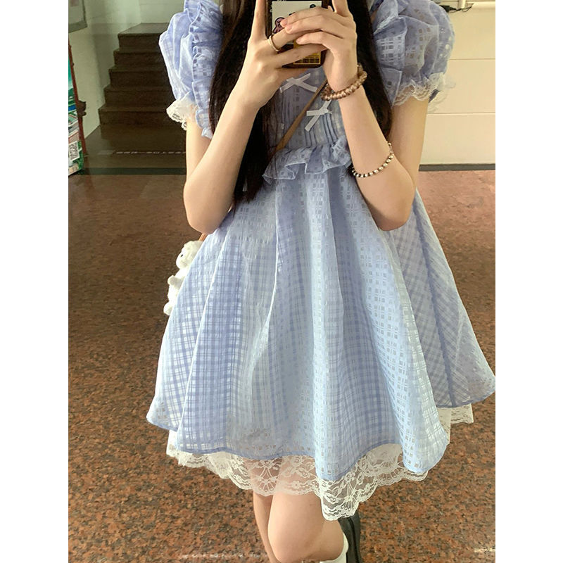 Doll collar  new dress high-quality gentle and sweet plaid puff sleeves slim skirt women's summer dress