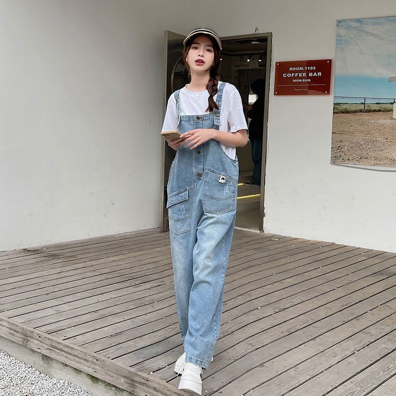 Single/set light-colored denim overalls summer women's thin section 2022 new Korean version loose straight wide-leg pants