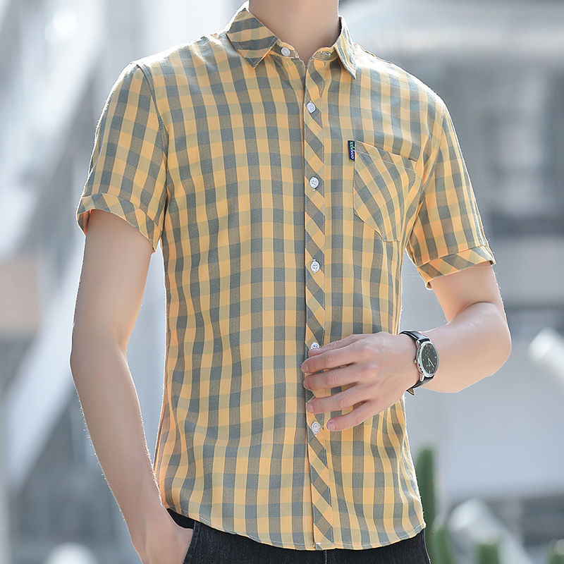 Plaid short-sleeved shirt men's 2023 summer Korean style trendy handsome casual shirt men's professional pocket shirt