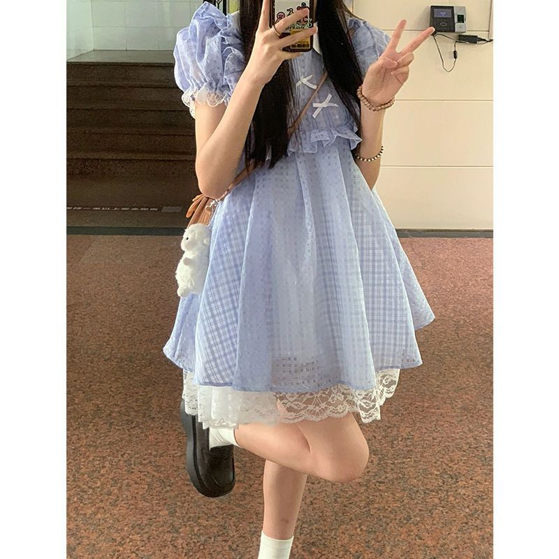 Doll collar  new dress high-quality gentle and sweet plaid puff sleeves slim skirt women's summer dress