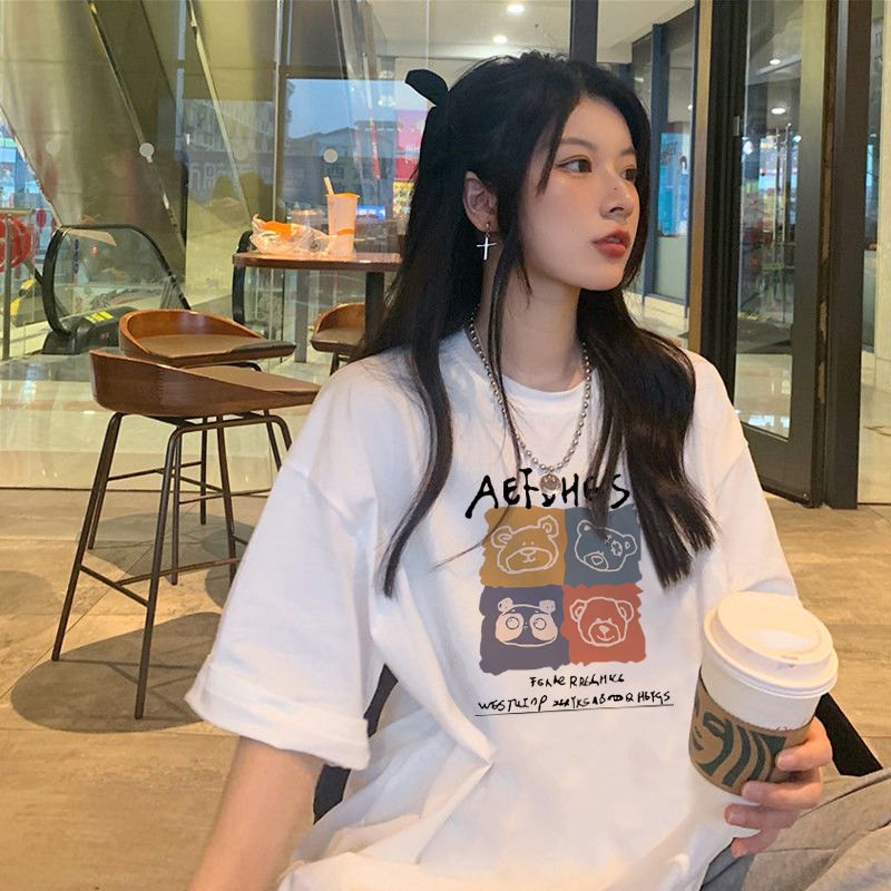 100%純棉短袖t恤女夏季新款寬鬆百搭bf原宿風印花甜辣ins上衣體恤