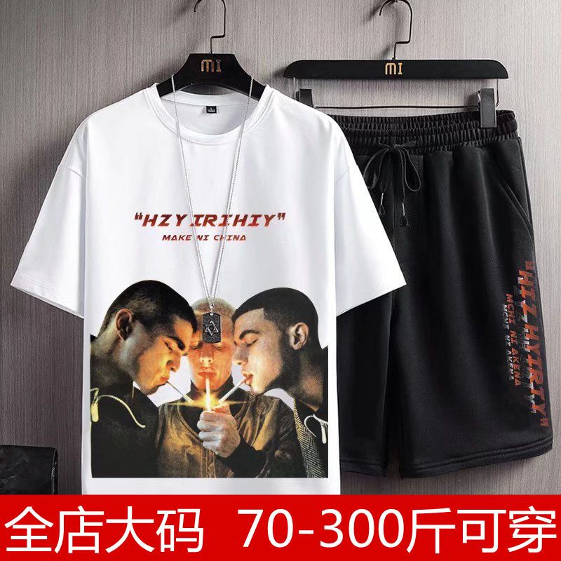 Summer large size men's casual loose short-sleeved short pants two-piece suit fat man 300 catties tide brand ins sports suit