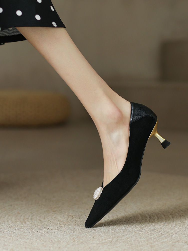 小跟鞋女法式珍珠气质黑色高跟鞋2022春款尖头细跟3公分猫跟单鞋