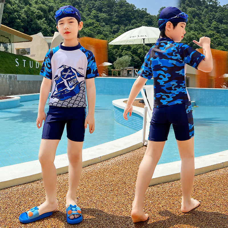儿童泳衣男童中大童分体防晒泳装男孩游泳裤2023新款速干套装短袖
