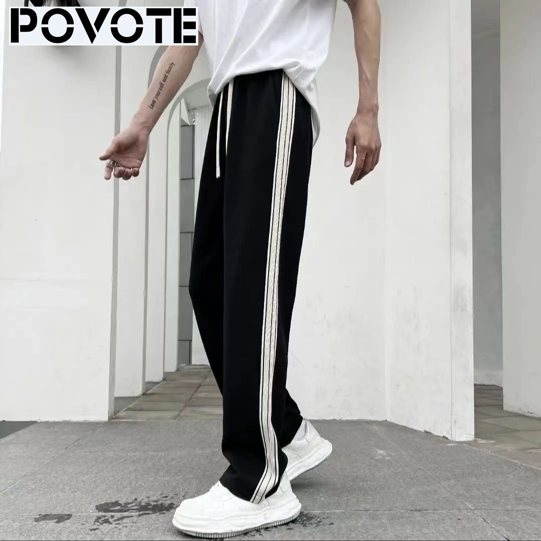POVOTE Straight Casual Pants Men's Summer Loose Tide Brand Hong Kong Style Drape Pants Thin Section Striped All-Match Sweatpants