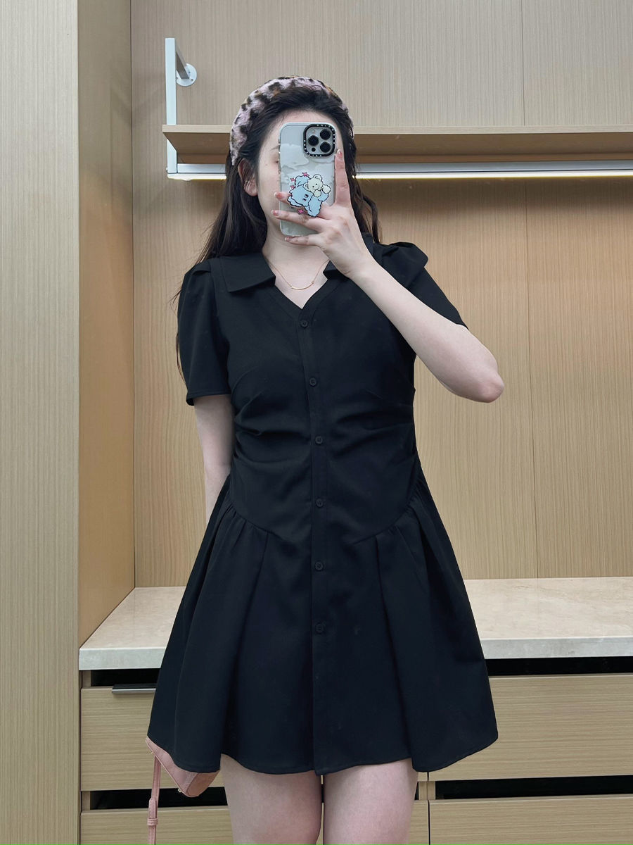 Plus-size women's clothing 2022 summer sweetheart fat mm folds look thin polo collar pure desire summer A-line short dress