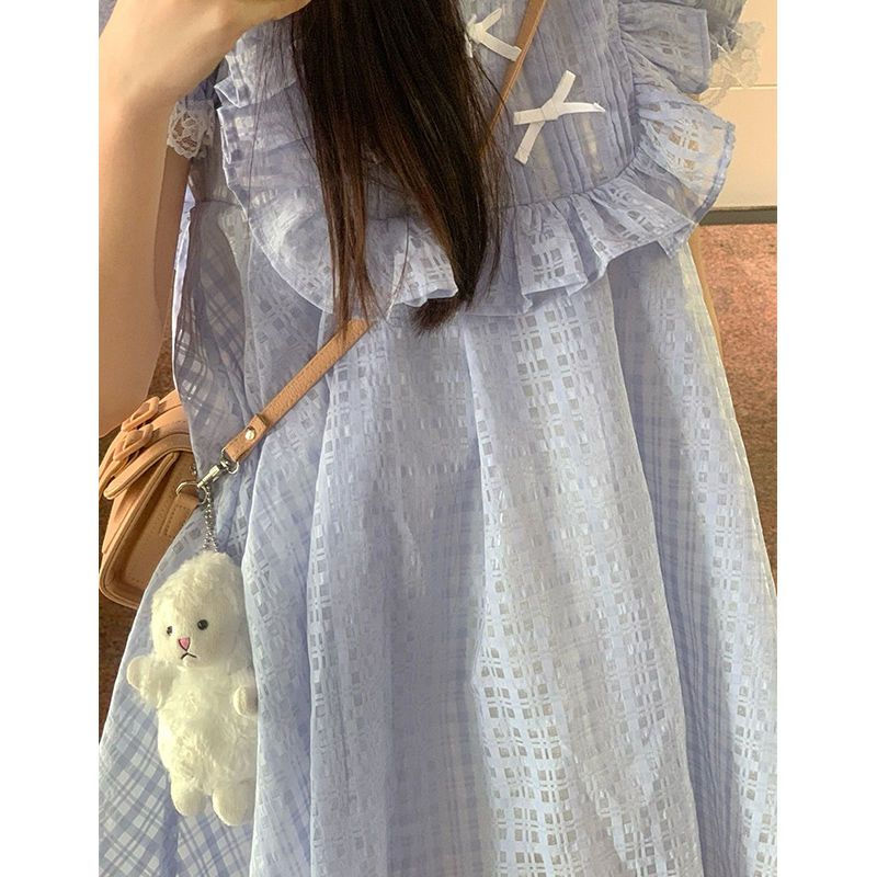 Doll collar  new dress high-quality gentle and sweet plaid puff sleeves slim skirt women's summer dress