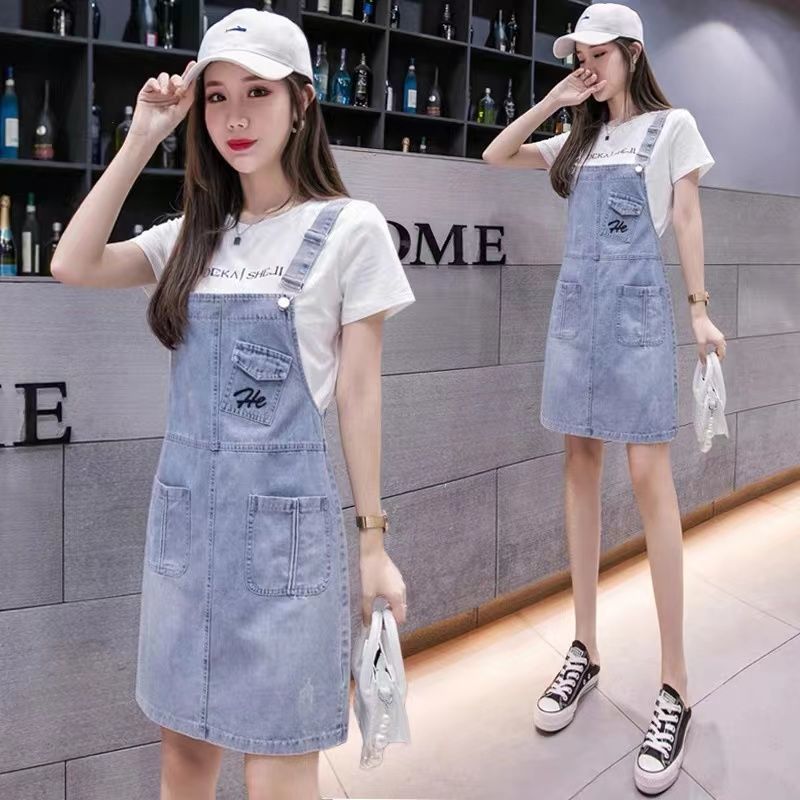  summer new denim suspender skirt women's foreign style age-reducing suit suspender dress skirt small two-piece set