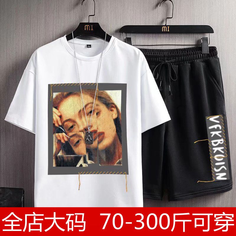 Summer large size men's casual loose short-sleeved short pants two-piece suit fat man 300 catties tide brand ins sports suit