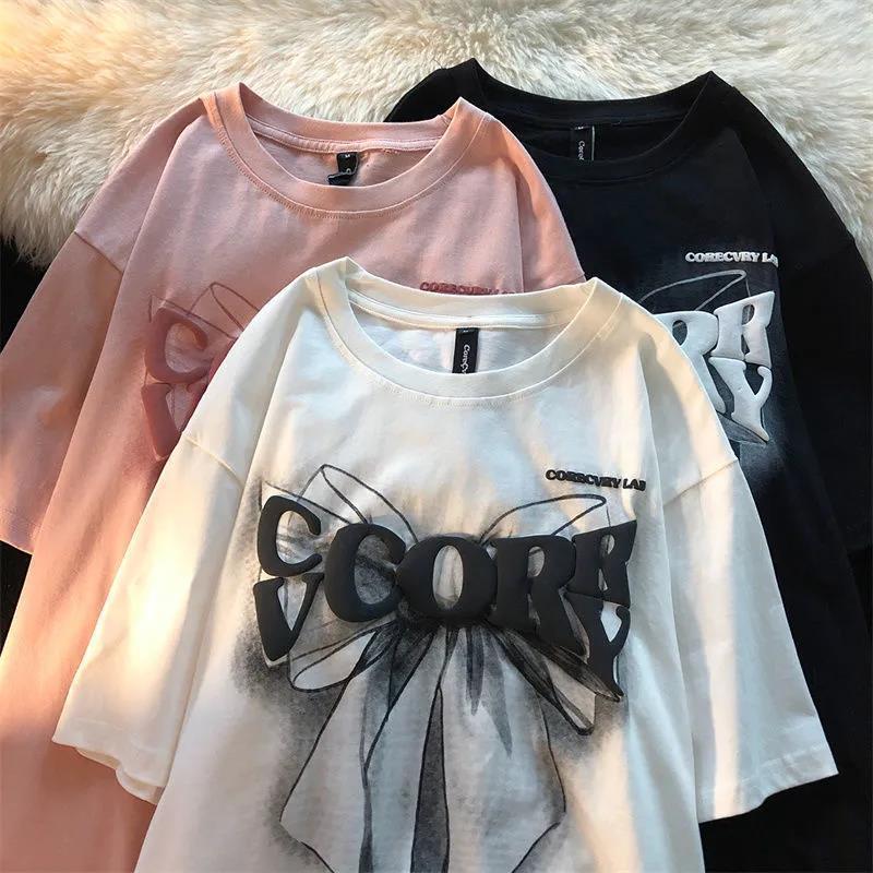 2023 new summer American retro bow short-sleeved t-shirt female ins loose hiphop half-sleeved top
