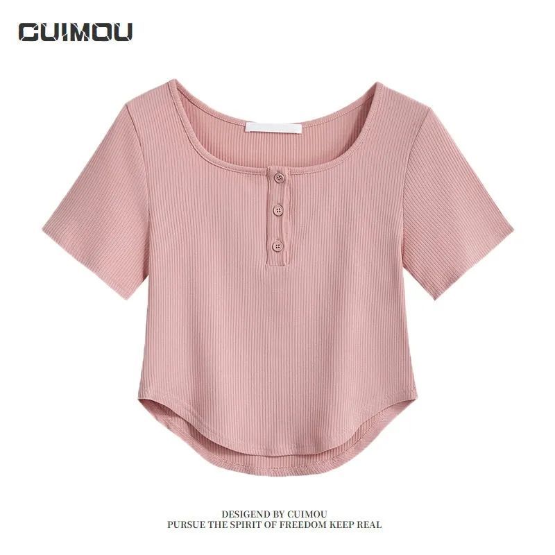 Discount cut standard hot girl pink top 2023 summer high waist self-cultivation short pure desire style short-sleeved t-shirt female