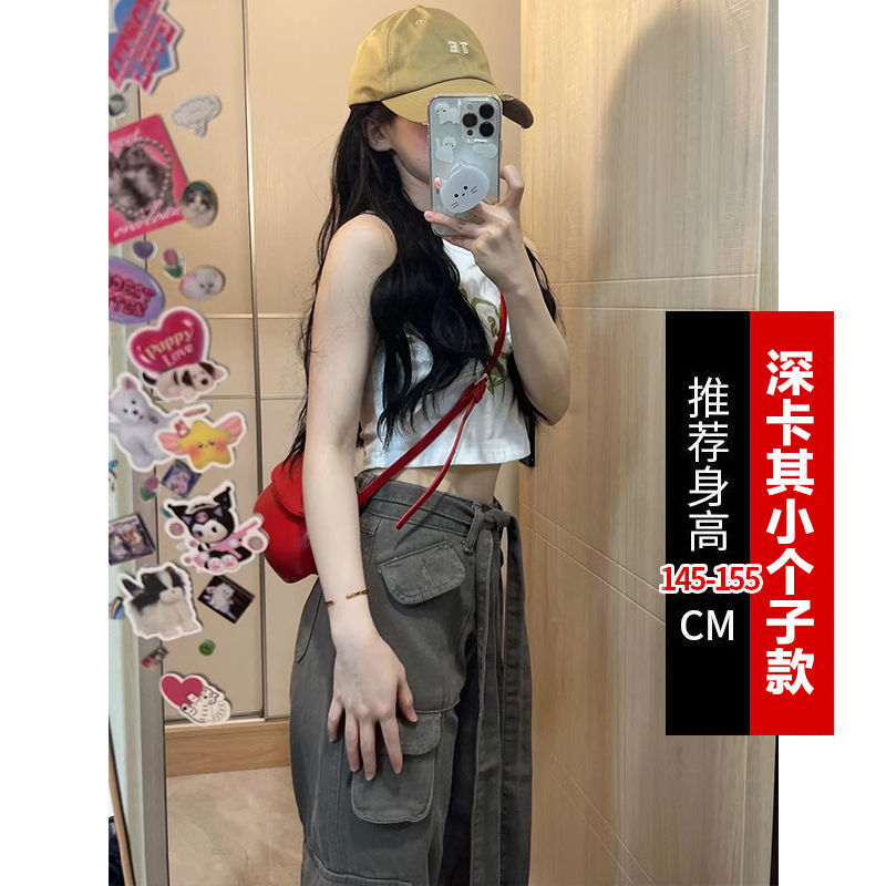 American retro babes strappy casual overalls women's small summer straight loose slim wide-leg jeans