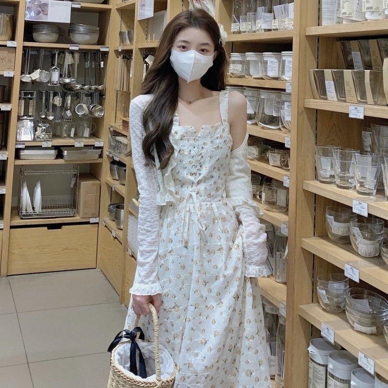 配吊帶裙披肩蕾絲女夏季新款長袖蕾絲溫柔風防曬衣短款外套上衣仙
