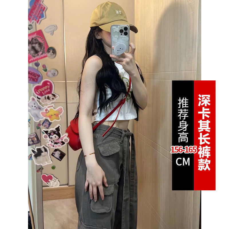 American retro babes strappy casual overalls women's small summer straight loose slim wide-leg jeans