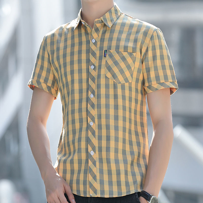 Plaid short-sleeved shirt men's 2023 summer Korean style trendy handsome casual shirt men's professional pocket shirt