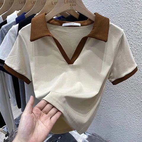 polo領短袖T恤女ins潮設計感小眾夏季修身高腰短款純欲風辣妹上衣