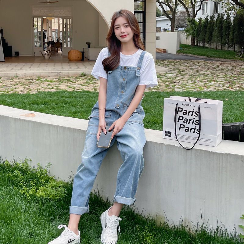 Single/set light-colored denim overalls summer women's thin section 2022 new Korean version loose straight wide-leg pants