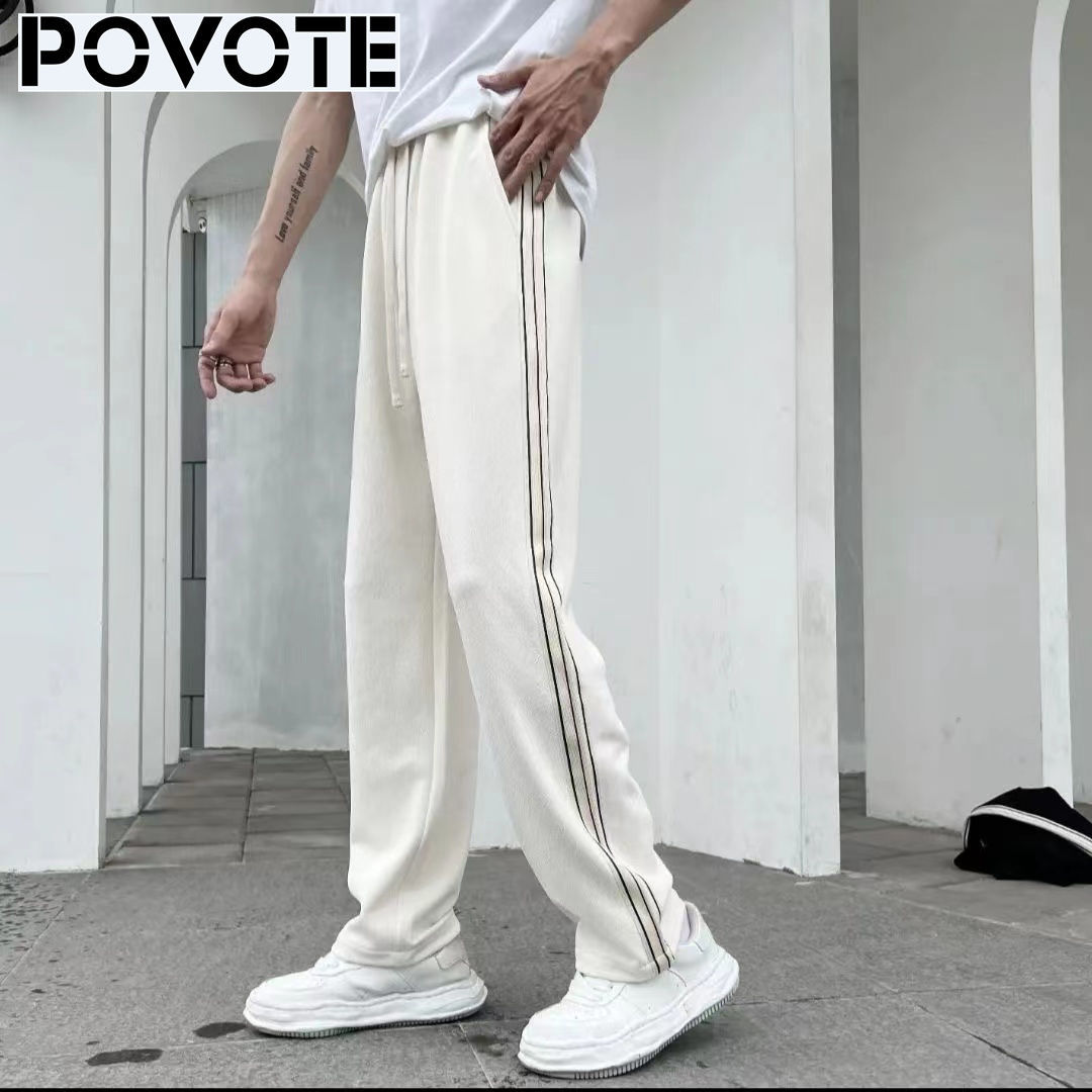 POVOTE Straight Casual Pants Men's Summer Loose Tide Brand Hong Kong Style Drape Pants Thin Section Striped All-Match Sweatpants