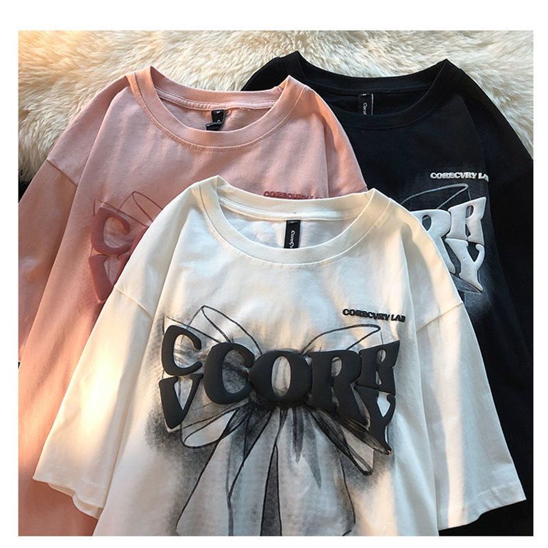2023 new summer American retro bow short-sleeved t-shirt female ins loose hiphop half-sleeved top