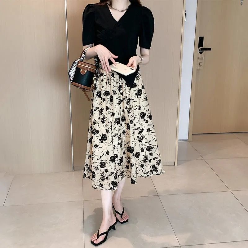 裙子2022最新款女裝夏裝半身裙子洋氣鬆緊高腰設計感小眾碎花裙潮