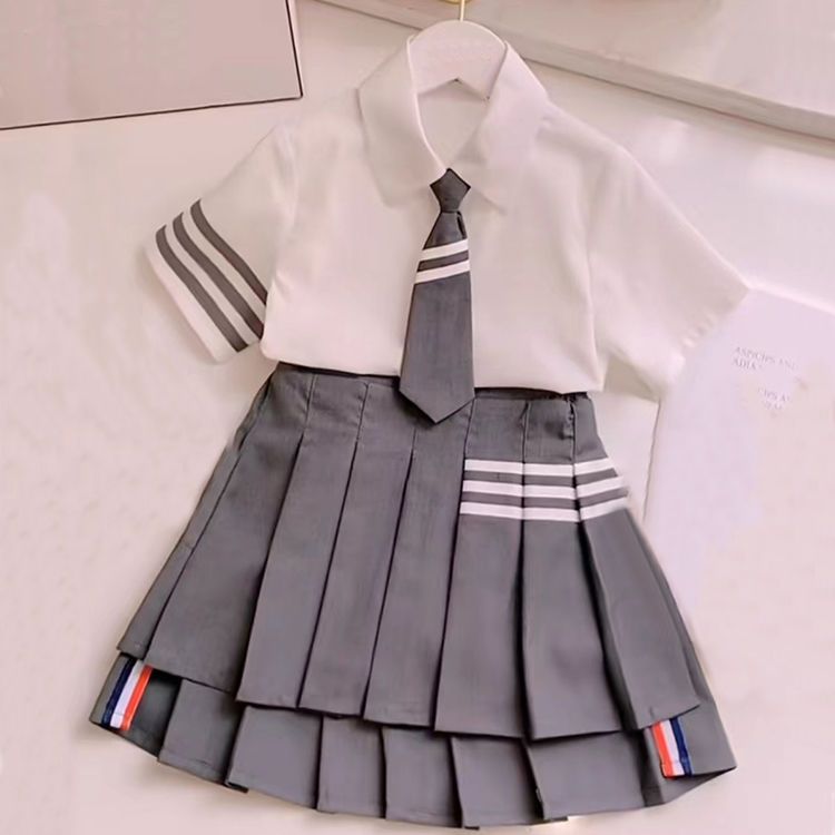 亲子女童学院风套装夏季2023新款儿童短袖百褶短裙子小女孩两件套