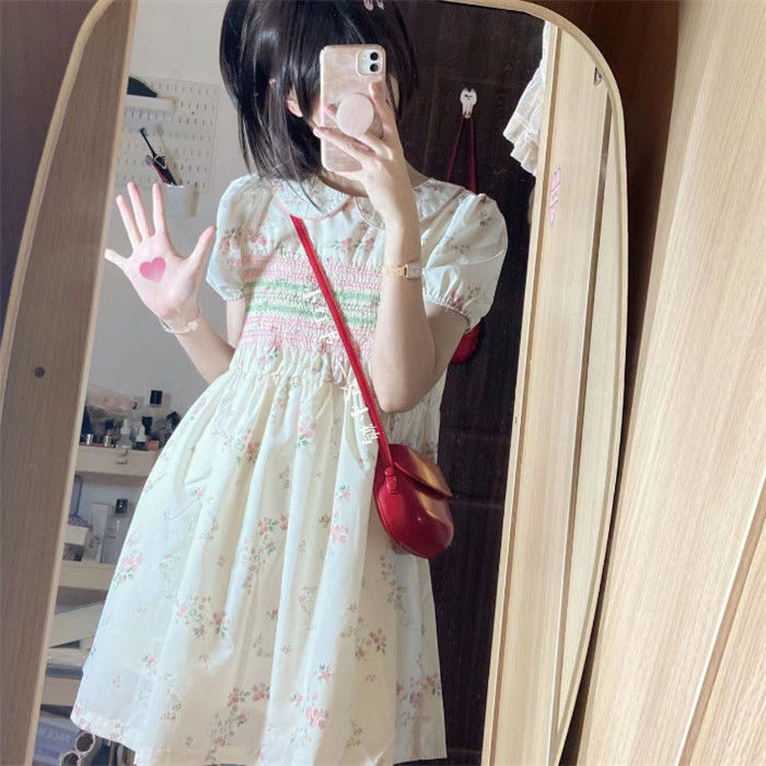 甜美可愛娃娃領泡泡袖印花連衣裙夏季小個子寬鬆顯瘦軟妹a字裙子